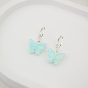 Aros Cierre Brisura Cerrada con Dije Colgante Mariposa Alas Simil Nácar - Acero Blanco - Celeste