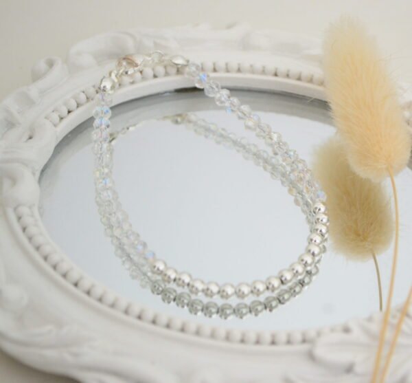 Pulsera Cristal de Roca con Bolitas Intercaladas Acero Blanco