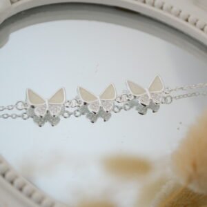 Pulsera EVELYN: Trama Espejito con Centro Tres Mariposas con Micro Cúbics / Nácar