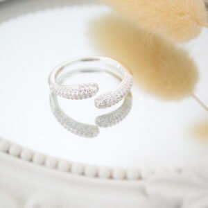 Anillo Fino Regulable Doble Gota con Microcubic Acero Blanco