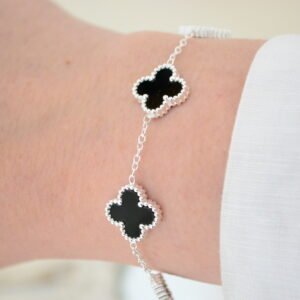 Pulsera con Dijes TRÉBOL VAN CLEEF Simil Onix Acero Blanco