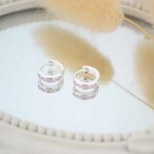 Aros Huggies Acero Blanco con Línea de Cúbics Rosa 11mm